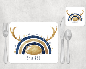 Navy and silver/Navy and Gold christmas reinbow Placemat and Coaster Set