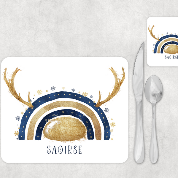 Navy and silver/Navy and Gold christmas reinbow Placemat and Coaster Set