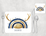 Navy and silver/Navy and Gold christmas reinbow Placemat and Coaster Set