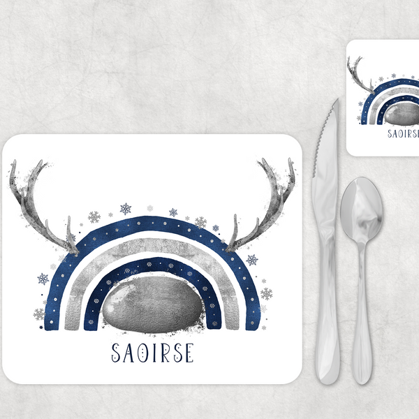 Navy and silver/Navy and Gold christmas reinbow Placemat and Coaster Set