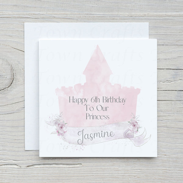 Personalised Pink Castle Birthday card