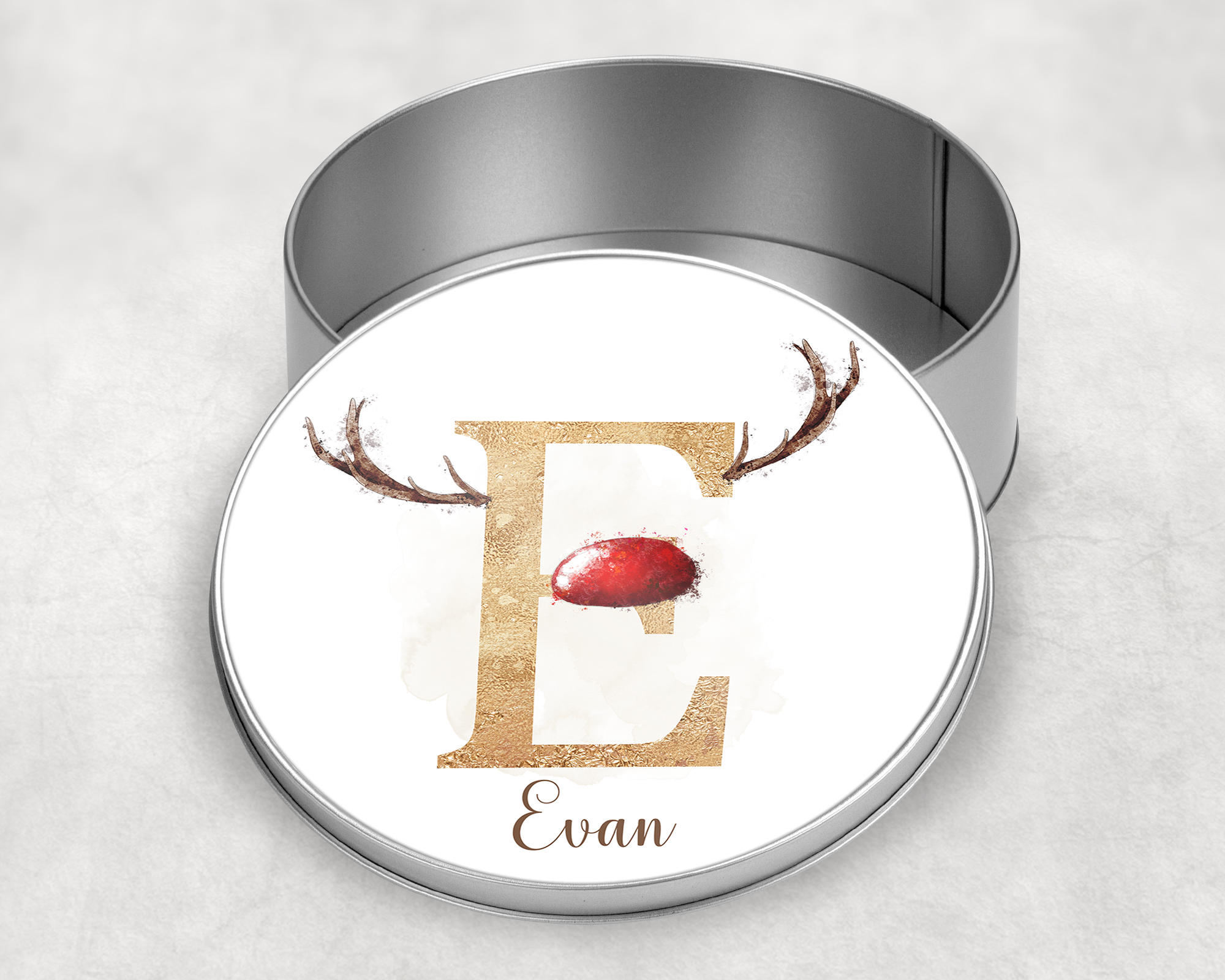 Personalised Reindeer alphabet Round Tin