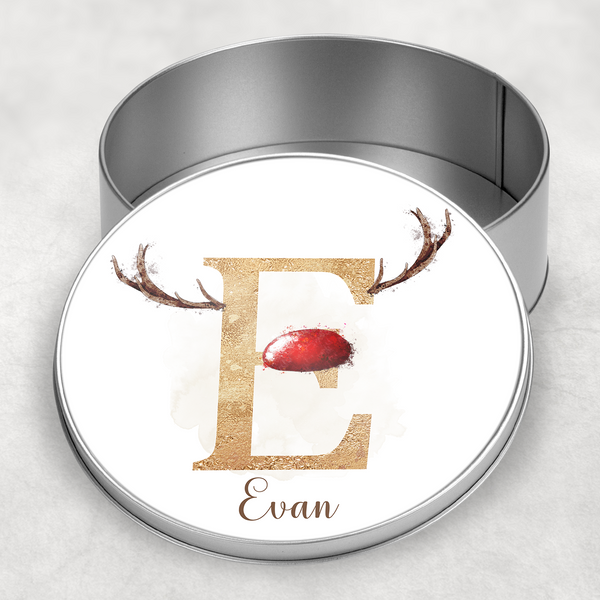 Personalised Reindeer alphabet Round Tin