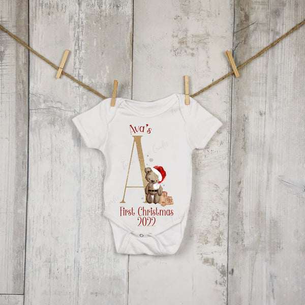 Christmas Brown teddy bear alphabet baby vest