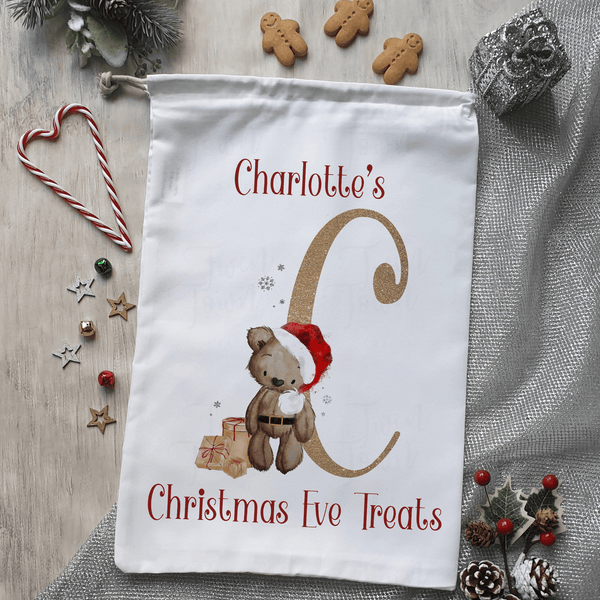 Brown teddy bear alphabet christmas eve treat bag - Twin Town Crafts