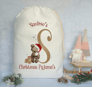 Christmas Brown teddy bear alphabet christmas pyjama bag - Twin Town Crafts