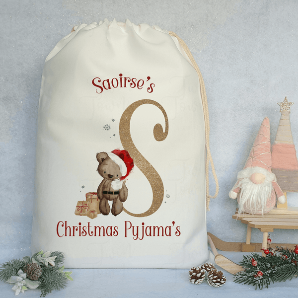 Christmas Brown teddy bear alphabet christmas pyjama bag - Twin Town Crafts