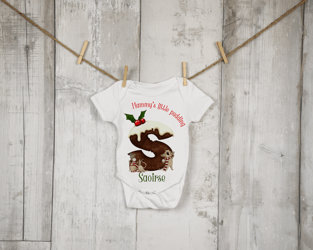 Christmas Pudding mouse alphabet baby vest - Twin Town Crafts