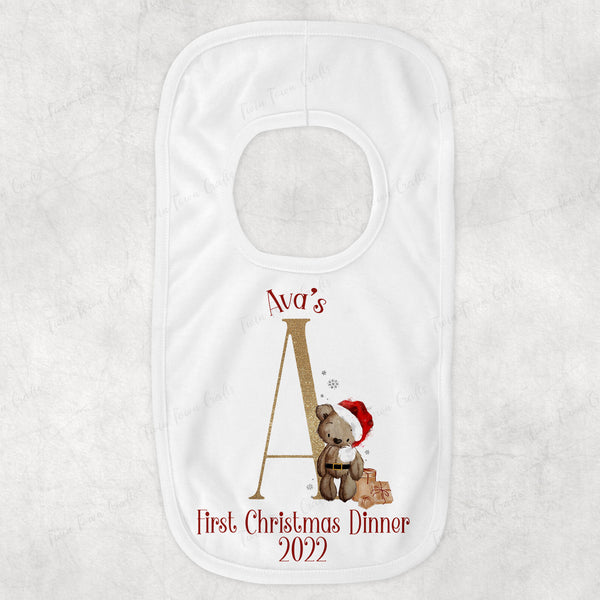 Brown teddy bear alphabet Christmas Bib