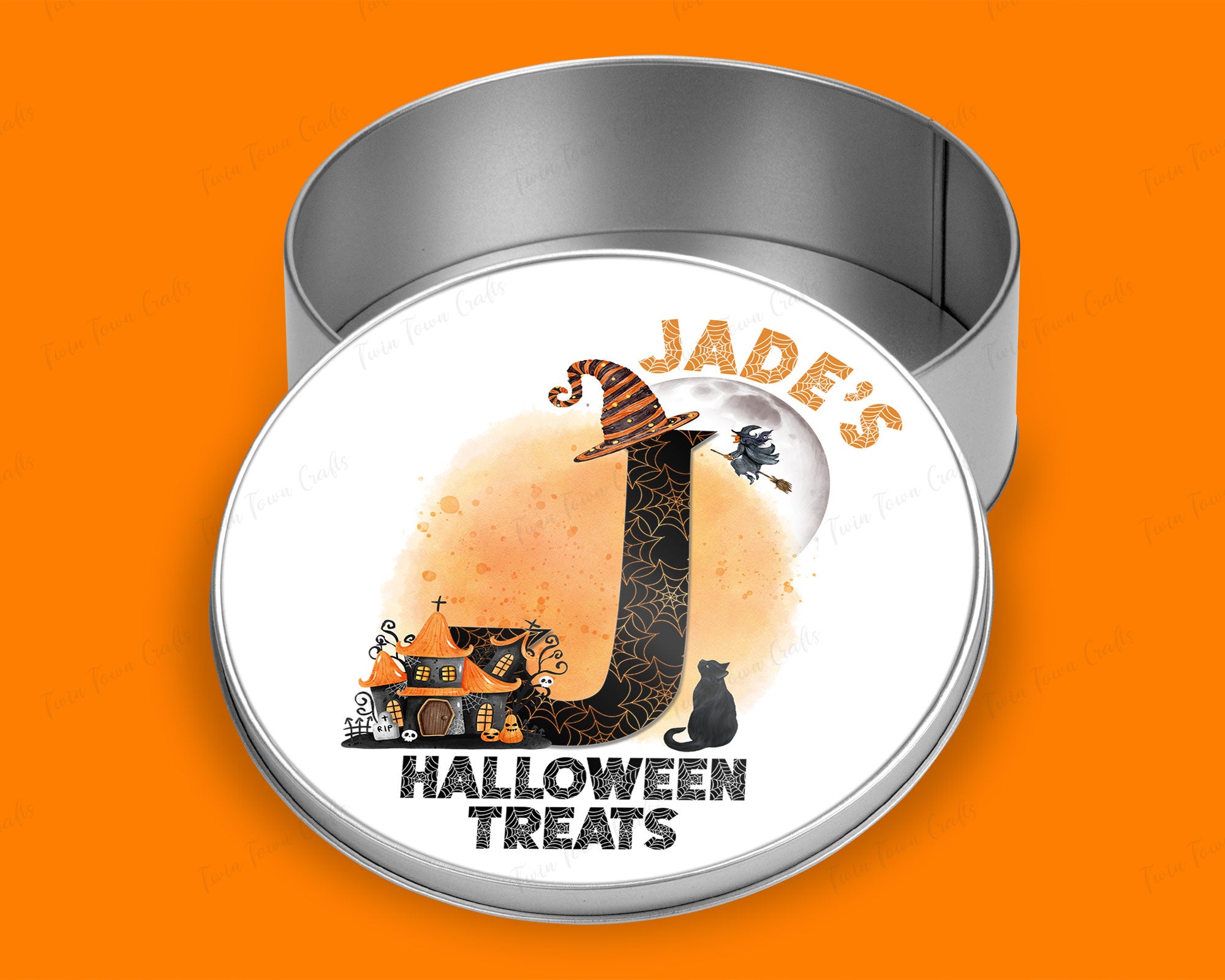 Personalised Halloween Witch Initial Round tin