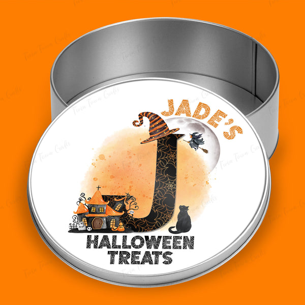Personalised Halloween Witch Initial Round tin