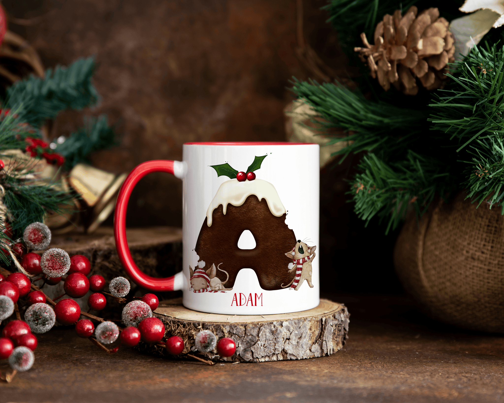 Christmas Pudding mouse alphabet 11oz Christmas mug - Twin Town Crafts