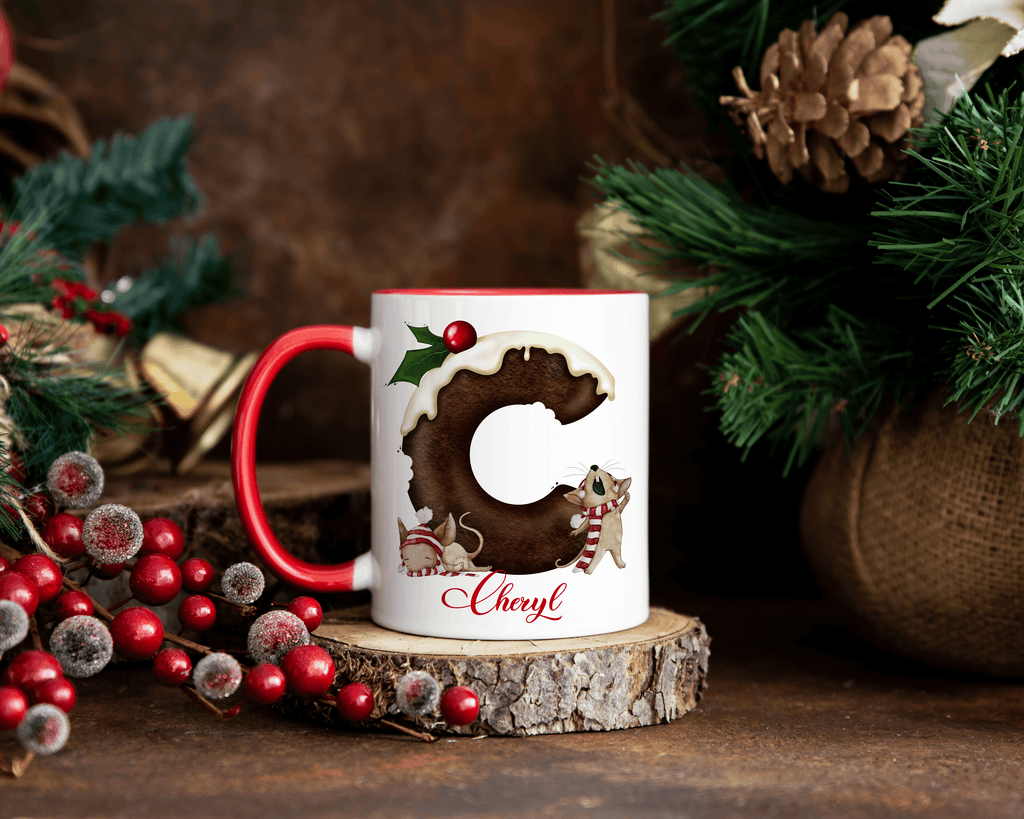 Christmas Pudding mouse alphabet 11oz Christmas mug - Twin Town Crafts