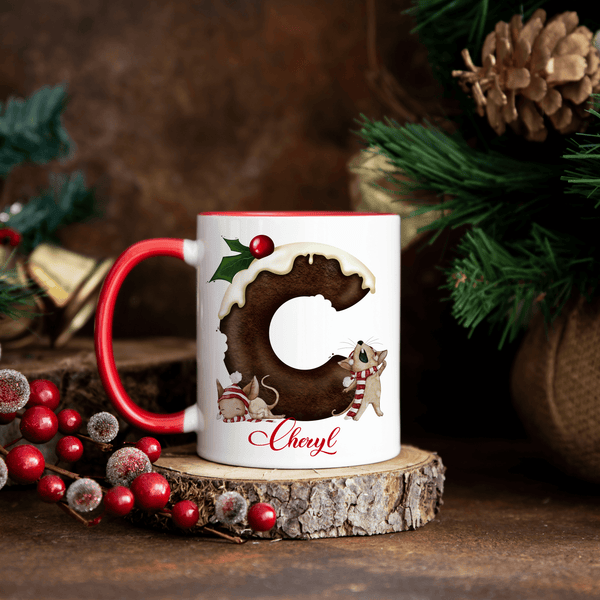 Christmas Pudding mouse alphabet 11oz Christmas mug - Twin Town Crafts