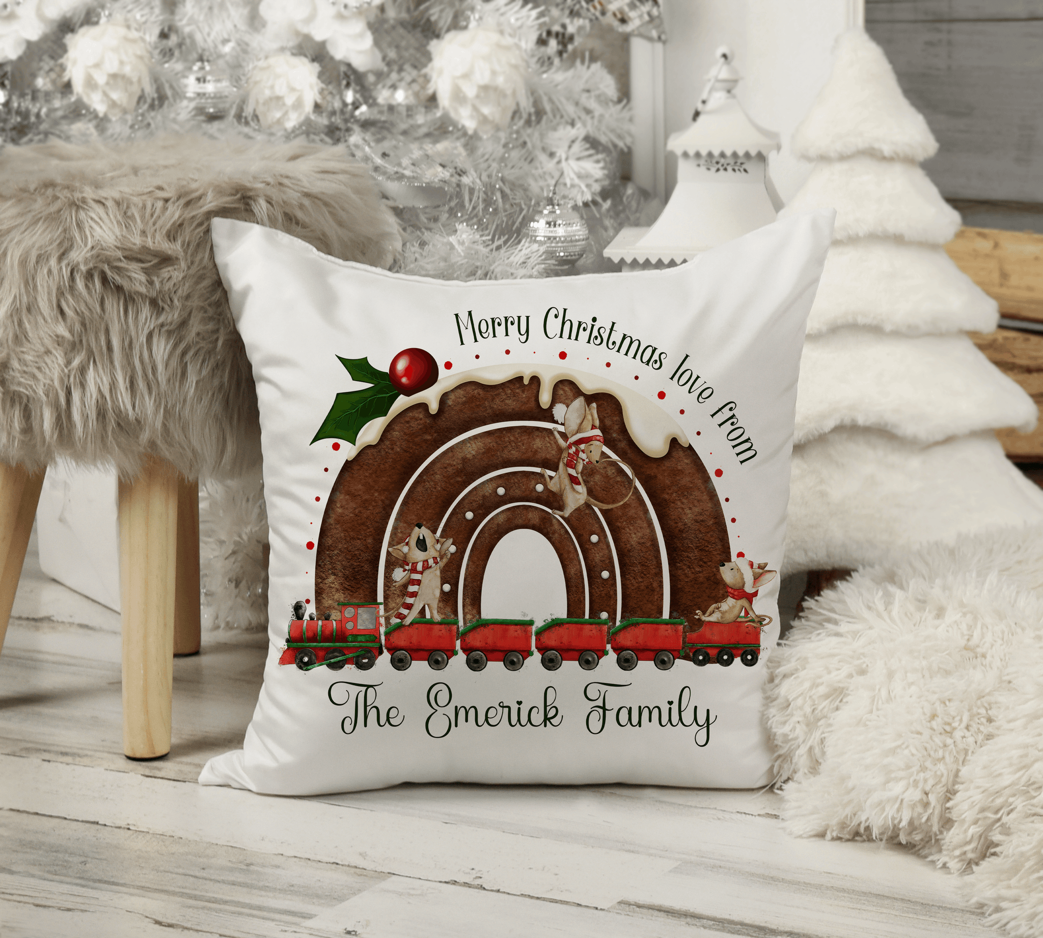 Christmas pudding rainbow train Pillow - Twin Town Crafts