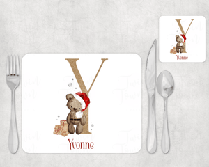Christmas Brown teddy bear alphabet Placemat and Coaster Set - Twin Town Crafts
