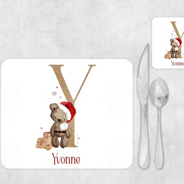 Christmas Brown teddy bear alphabet Placemat and Coaster Set - Twin Town Crafts