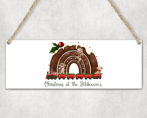 Christmas pudding rainbow train MDF Christmas Plaque - Twin Town Crafts