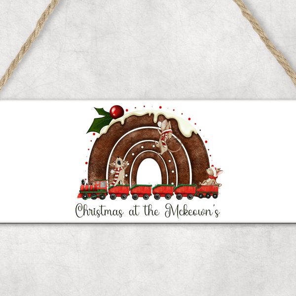 Christmas pudding rainbow train MDF Christmas Plaque - Twin Town Crafts