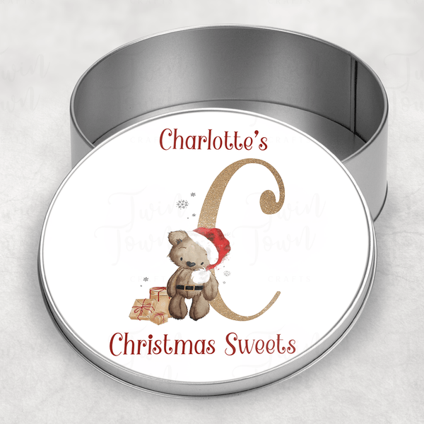 Christmas Brown teddy bear alphabet Round Tin - Twin Town Crafts