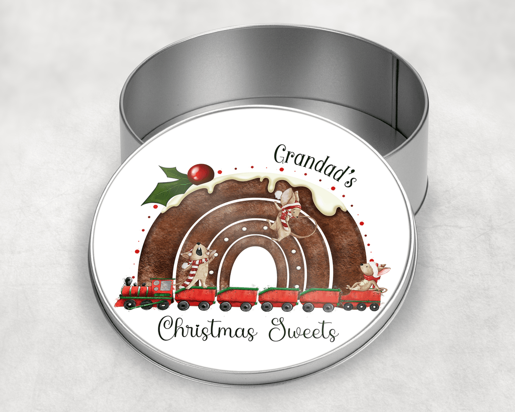 Christmas pudding rainbow train Round Tin - Twin Town Crafts