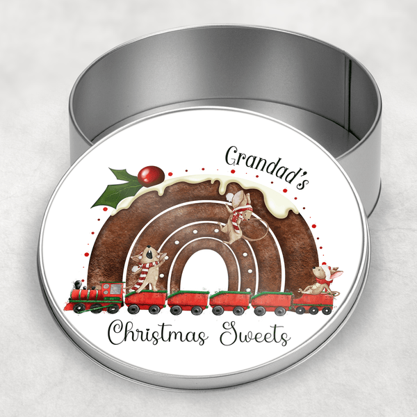 Christmas pudding rainbow train Round Tin - Twin Town Crafts