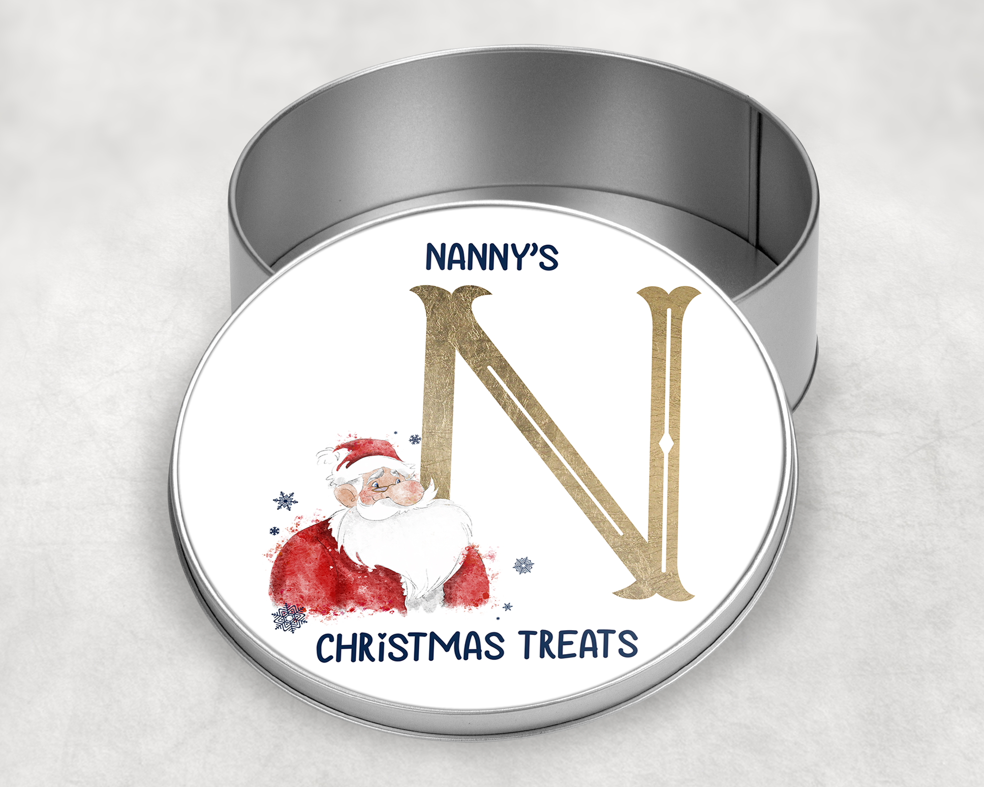 Gold Santa alphabet Round Tin