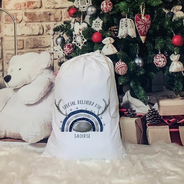 Navy and Silver/Navy and Gold reinbow christmas sack