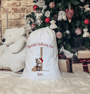 Christmas Brown teddy bear alphabet christmas sack - Twin Town Crafts