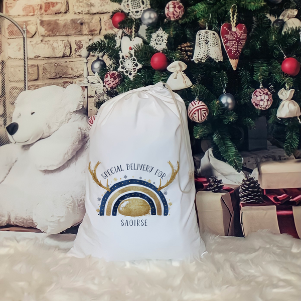 Navy and Silver/Navy and Gold reinbow christmas sack