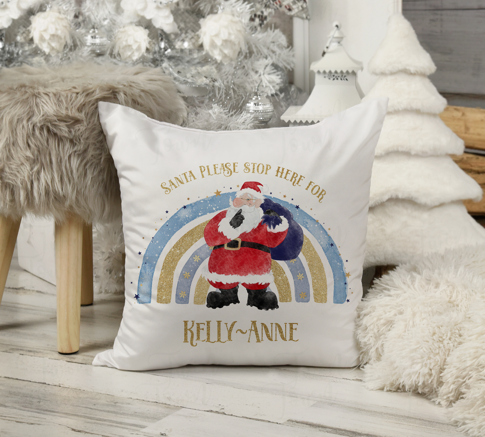 Santa/Father Christmas Green/blue rainbow Pillow