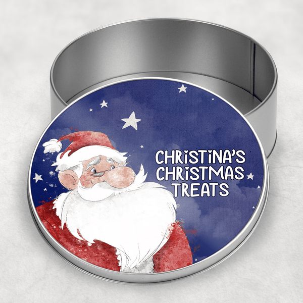 Blue background Santa Personalised round tin - Twin Town Crafts