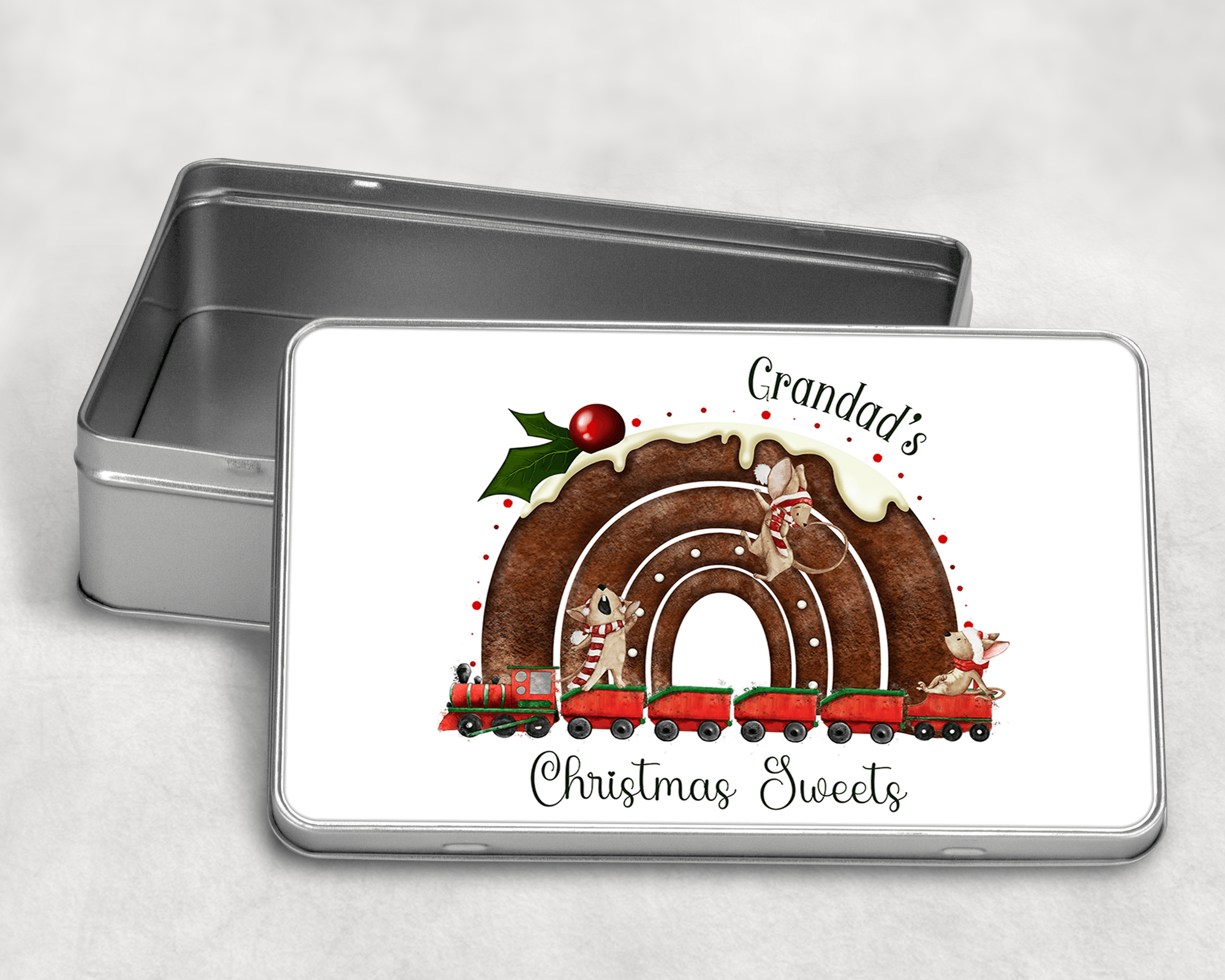 Christmas pudding rainbow train Tin - Twin Town Crafts