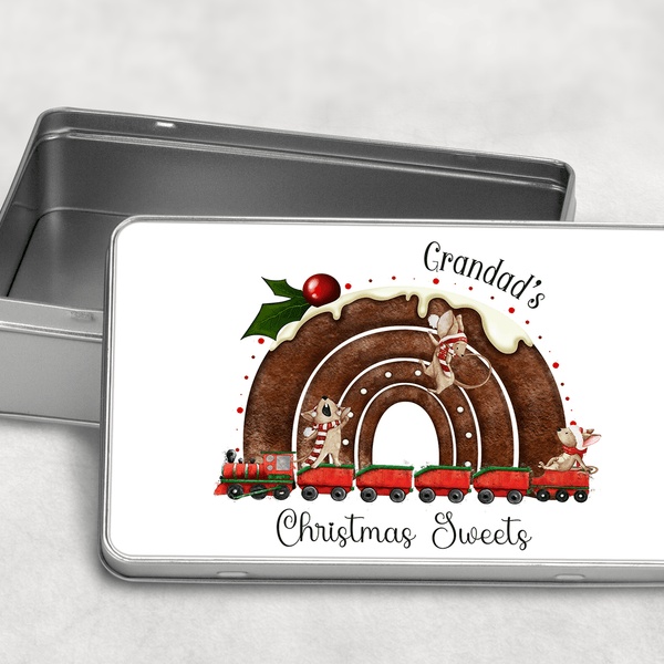 Christmas pudding rainbow train Tin - Twin Town Crafts