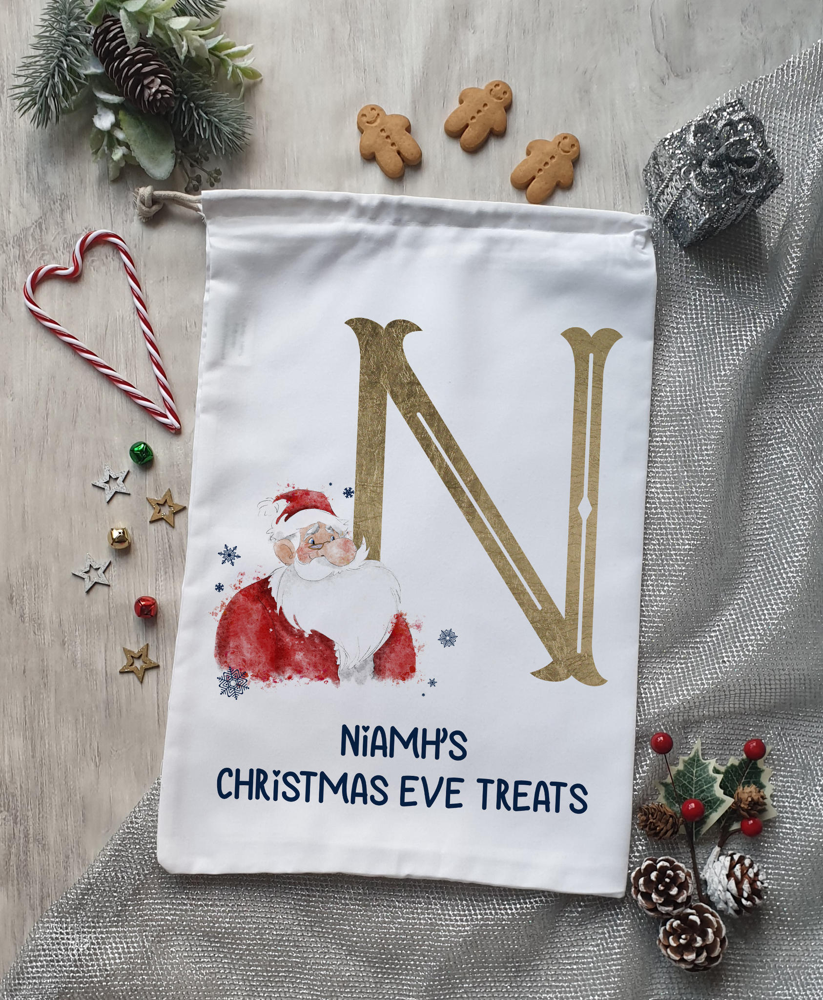 Gold santa alphabet christmas eve treat bag