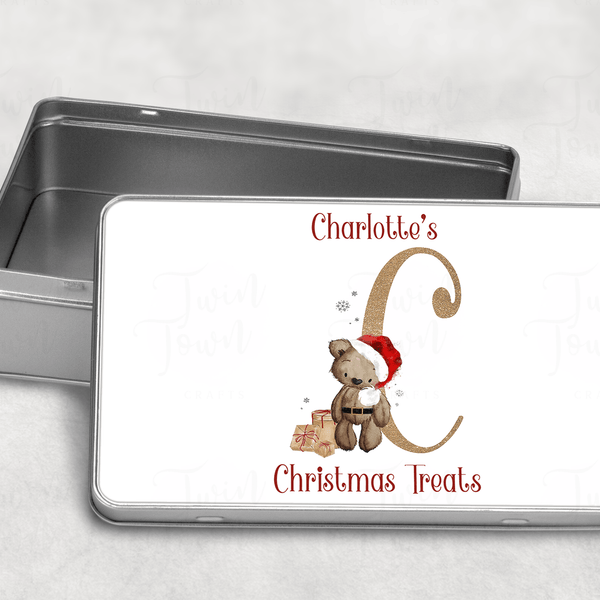 Brown teddy bear alphabet Christmas Tin - Twin Town Crafts