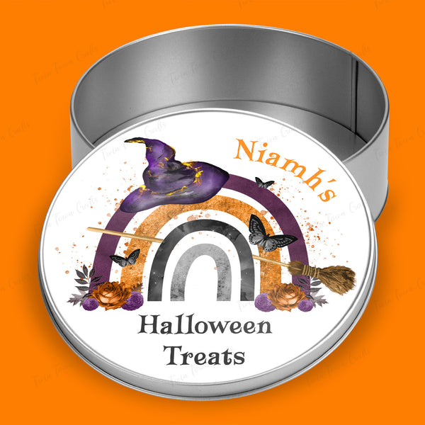 Personalised Halloween Witch Rainbow Round tin